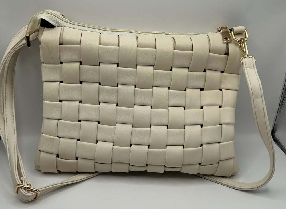 Lindy Woven Vegan Leather Crossbody in Ivory